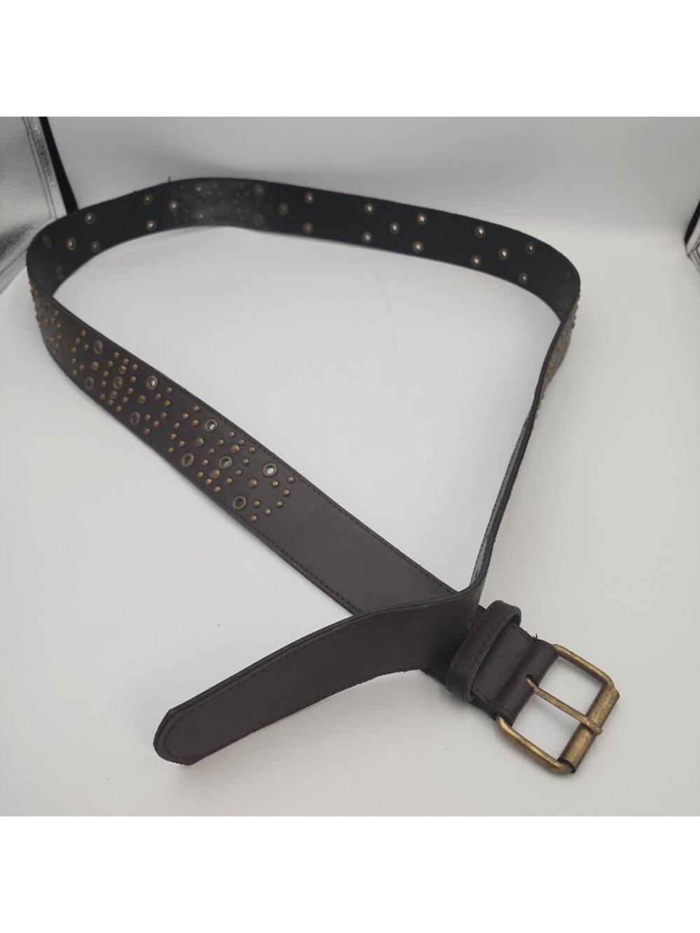 Women's Brown Studded Plus Size Belt Brass Buckle Fits 48-52"
